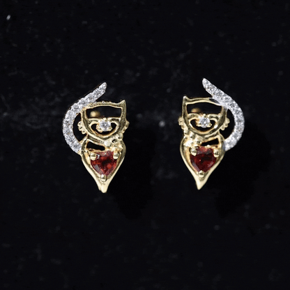 Heart Shape Garnet and Diamond Cat Stud Earrings