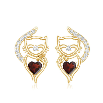Heart Shape Garnet and Diamond Cat Stud Earrings