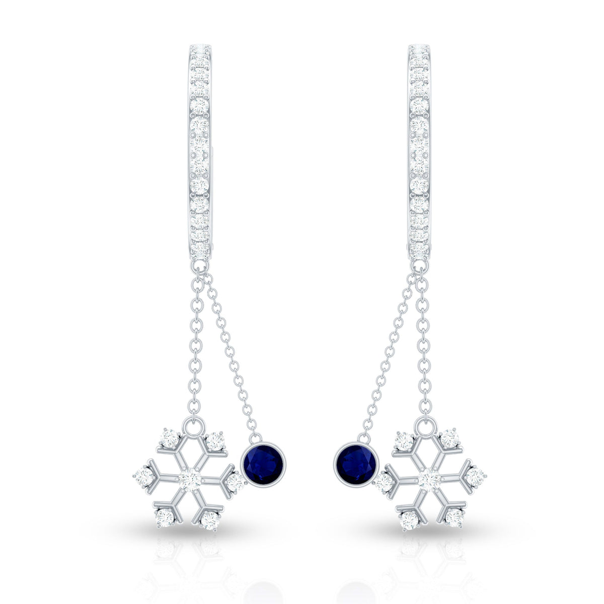 Real Blue Sapphire and Diamond Snowflake Dangle Hoop Earrings