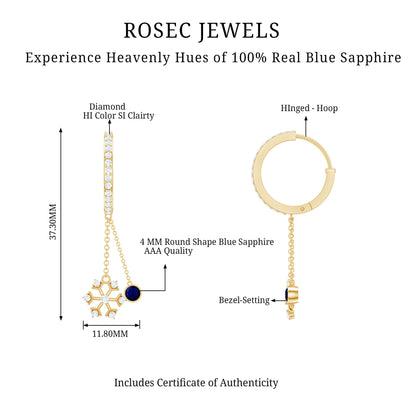 Real Blue Sapphire and Diamond Snowflake Dangle Hoop Earrings