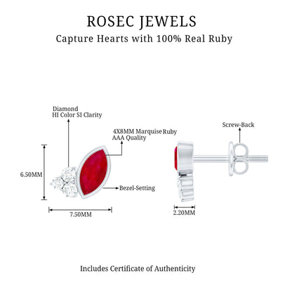 Marquise Cut Ruby Stud Earrings with Diamond Trio