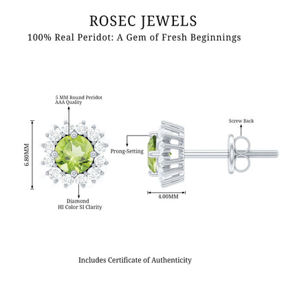 Natural 1 Carat Peridot Stud Earrings with Diamond Halo