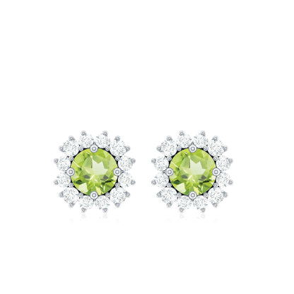 Natural 1 Carat Peridot Stud Earrings with Diamond Halo