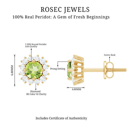Natural 1 Carat Peridot Stud Earrings with Diamond Halo