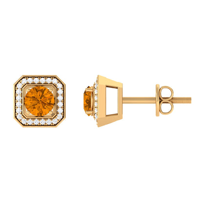 Vintage Inspired 1 Carat Citrine and Diamond Halo Stud Earrings