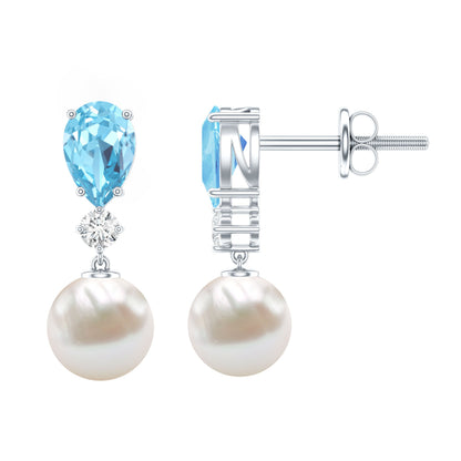 Certified Pearl Wedding Drop Earrings with Aquamarine