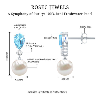 Certified Pearl Wedding Drop Earrings with Aquamarine