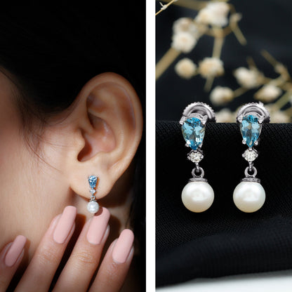 Certified Pearl Wedding Drop Earrings with Aquamarine