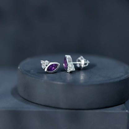 Marquise Cut Amethyst Stud Earrings with Lab Diamond in Sterling Silver