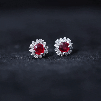 Genuine Ruby Stud Earrings with Diamond Halo