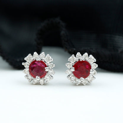 Genuine Ruby Stud Earrings with Diamond Halo