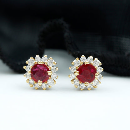 Genuine Ruby Stud Earrings with Diamond Halo