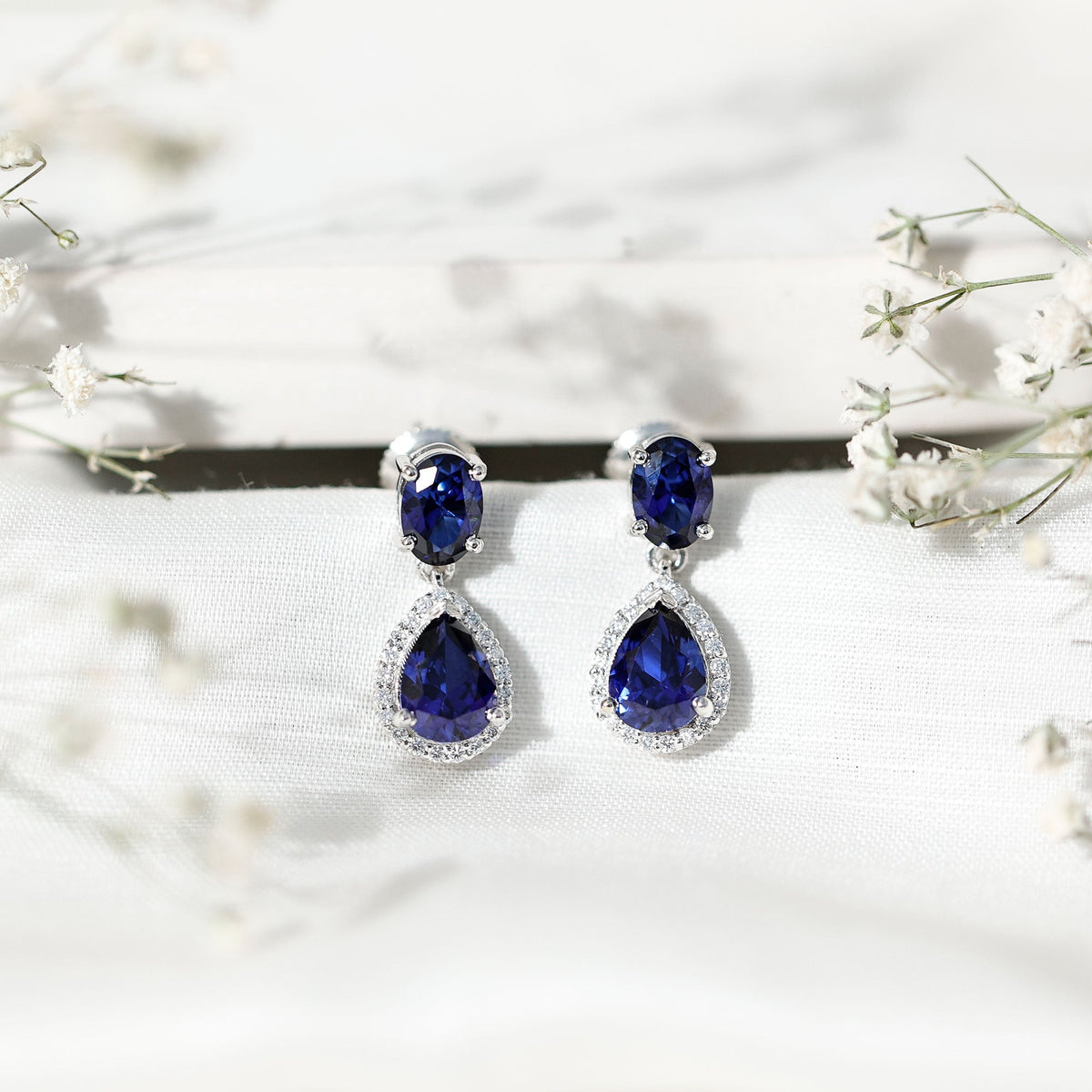 5 Carat Lab Grown Blue Sapphire Teardrop Earrings with Certificate