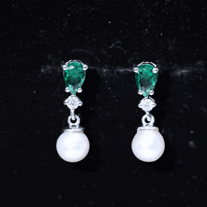 Freshwater Pearl Drop Dangle Earrings With Created Emerald