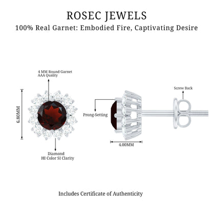Genuine Garnet and Diamond Halo Stud Earrings