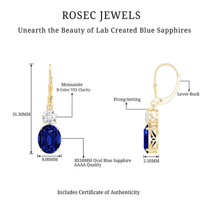 Certified Lab Grown Blue Sapphire and Moissanite Drop Dangle Earrings