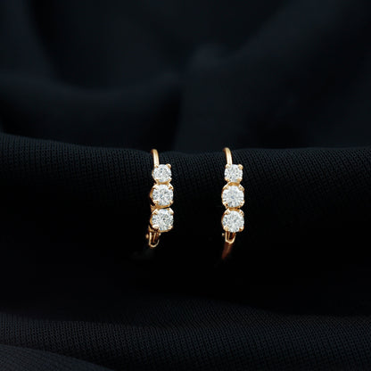 Round Moissanite Three Stone Hoop Earrings with Lever Back