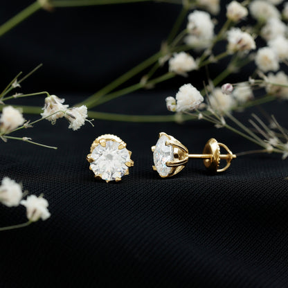 Brilliant Cut Moissanite Solitaire Stud Earrings in Decorative Setting