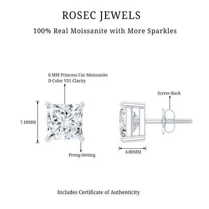 2.5 Carat Solitaire Princess Cut Moissanite Stud Earrings
