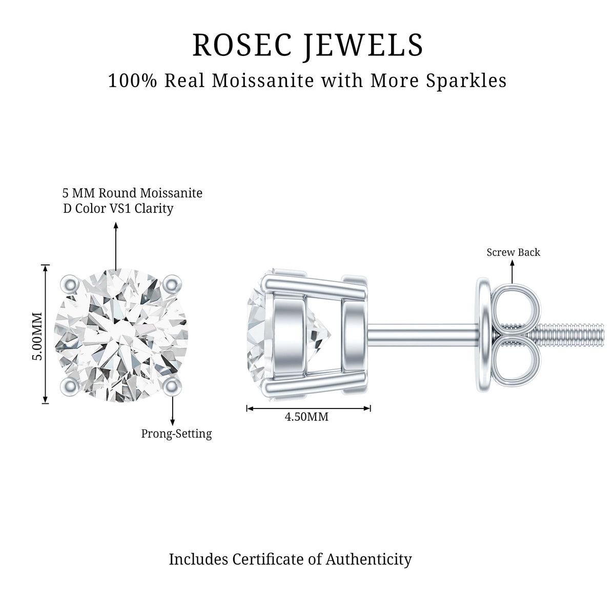 Silver Moissanite 1 Carat Stud Earring