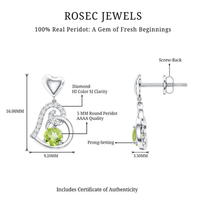 Solitaire Peridot Heart Drop Earrings with Diamond Accent