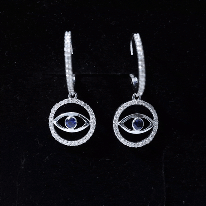Real Blue Sapphire and Diamond Evil Eye Hoop Drop Earrings