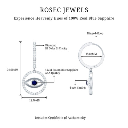 Real Blue Sapphire and Diamond Evil Eye Hoop Drop Earrings