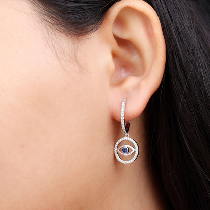 Real Blue Sapphire and Diamond Evil Eye Hoop Drop Earrings