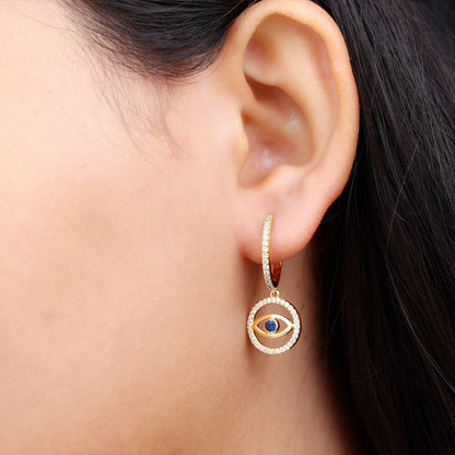Real Blue Sapphire and Diamond Evil Eye Hoop Drop Earrings