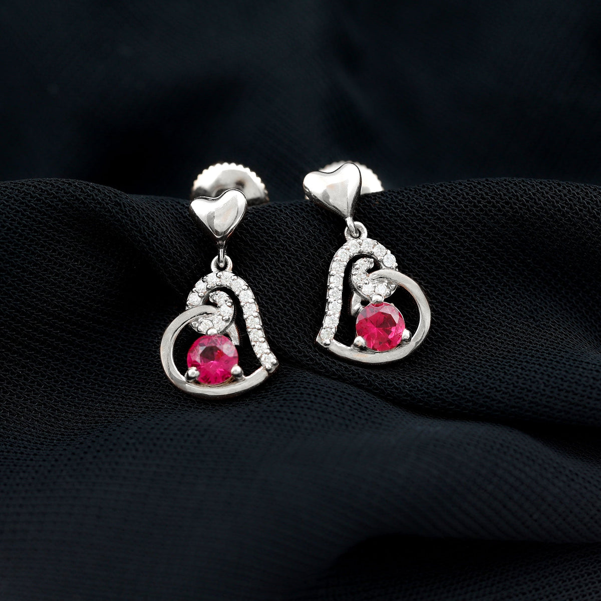 Lab Created Ruby and Diamond Heart Drop Earrings