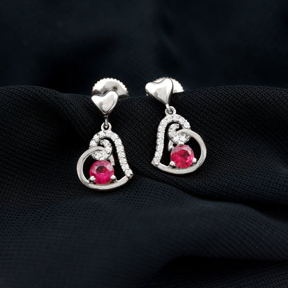 Lab Created Ruby and Diamond Heart Drop Earrings