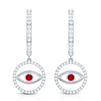 Lab Created Ruby and Moissanite Evil Eye Hoop Drop Earrings