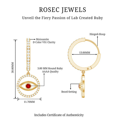 Lab Created Ruby and Moissanite Evil Eye Hoop Drop Earrings