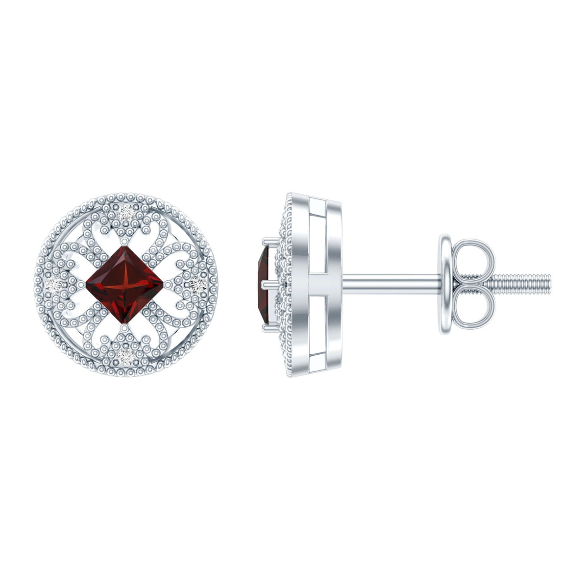 Vintage Inspired Garnet Stud Earrings with Diamond in Silver