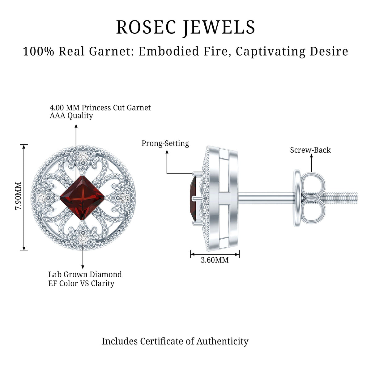 Vintage Inspired Garnet Stud Earrings with Diamond in Silver