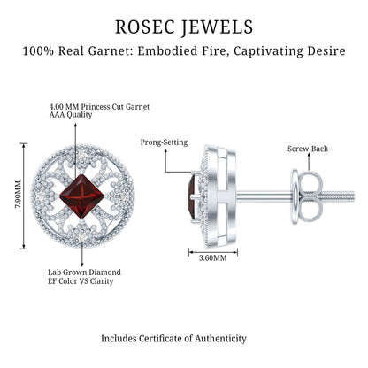 Vintage Inspired Garnet Stud Earrings with Diamond in Silver