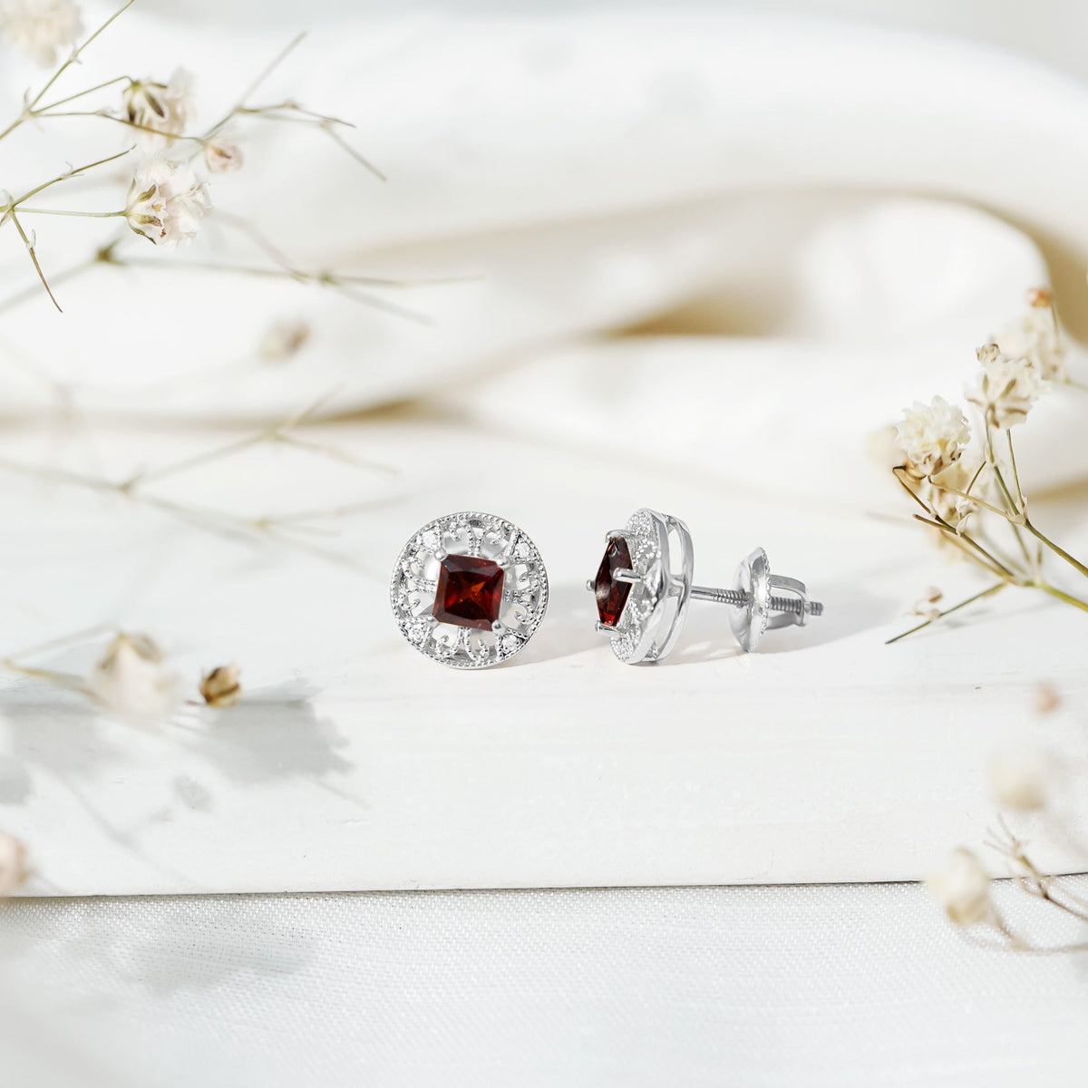 Vintage Inspired Garnet Stud Earrings with Diamond in Silver