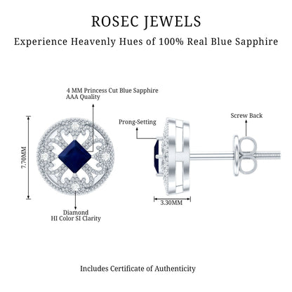 Antique Inspired Blue Sapphire and Diamond Stud Earrings