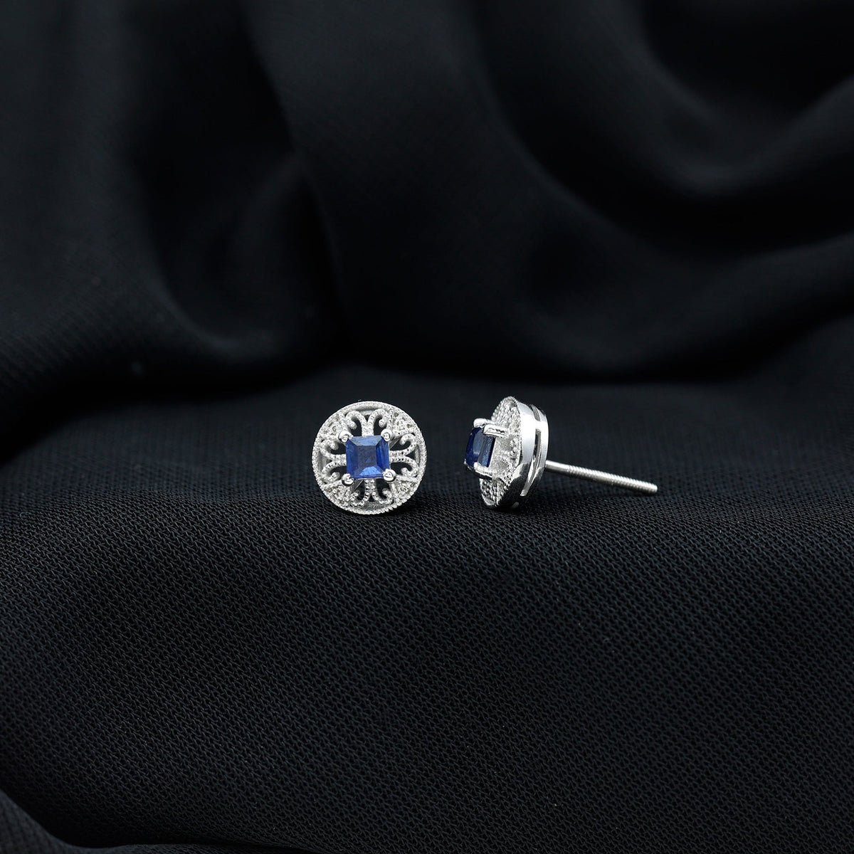 Antique Inspired Blue Sapphire and Diamond Stud Earrings