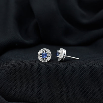 Antique Inspired Blue Sapphire and Diamond Stud Earrings