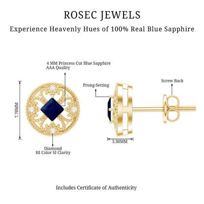 Antique Inspired Blue Sapphire and Diamond Stud Earrings