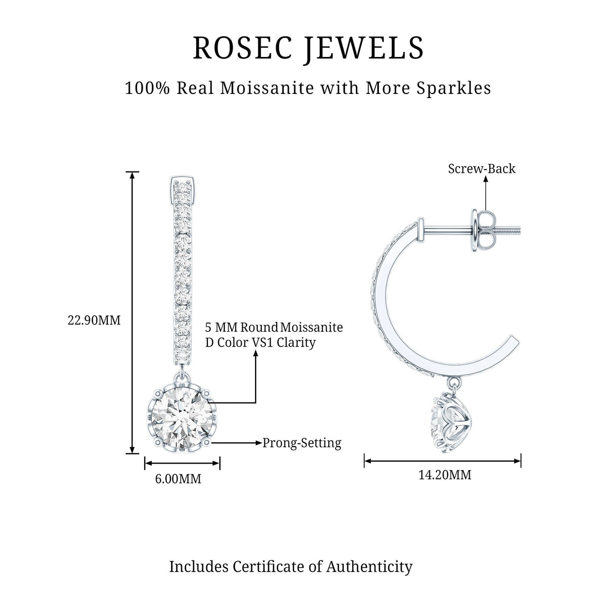 Sterling Silver Moissanite Hoop Drop Earrings for Women