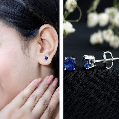 1.9 Carat Round Blue Sapphire Solitaire Stud Earrings in Claw Setting