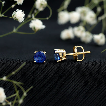1.9 Carat Round Blue Sapphire Solitaire Stud Earrings in Claw Setting