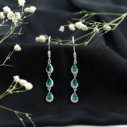 Pear Cut Emerald Dangle Earrings with Diamond