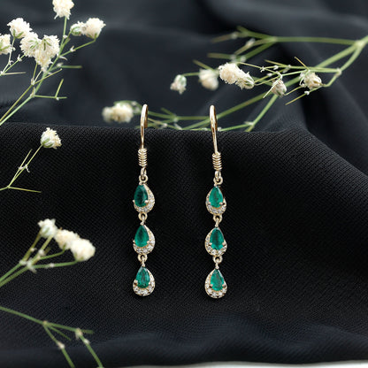 Pear Cut Emerald Dangle Earrings with Diamond