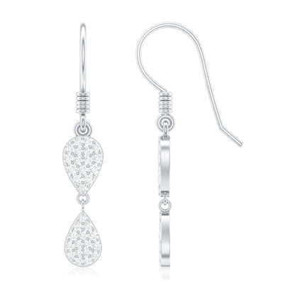 Pave Set Genuine Diamond Teardrop Dangle Earrings with Fish Hook