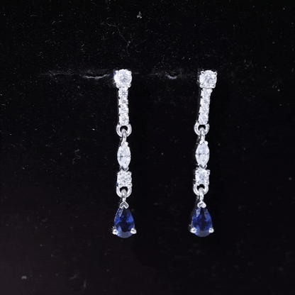 Pear Cut Created Blue Sapphire and Moissanite Long Dangle Earrings