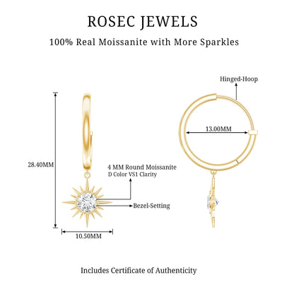 Bezel Set Round Moissanite Sunburst Hoop Drop Earrings