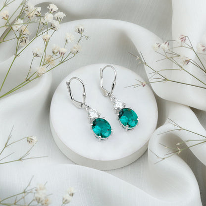 Certified 6 Carat Oval Cut Lab Grown Emerald Drop Hoop Earrings